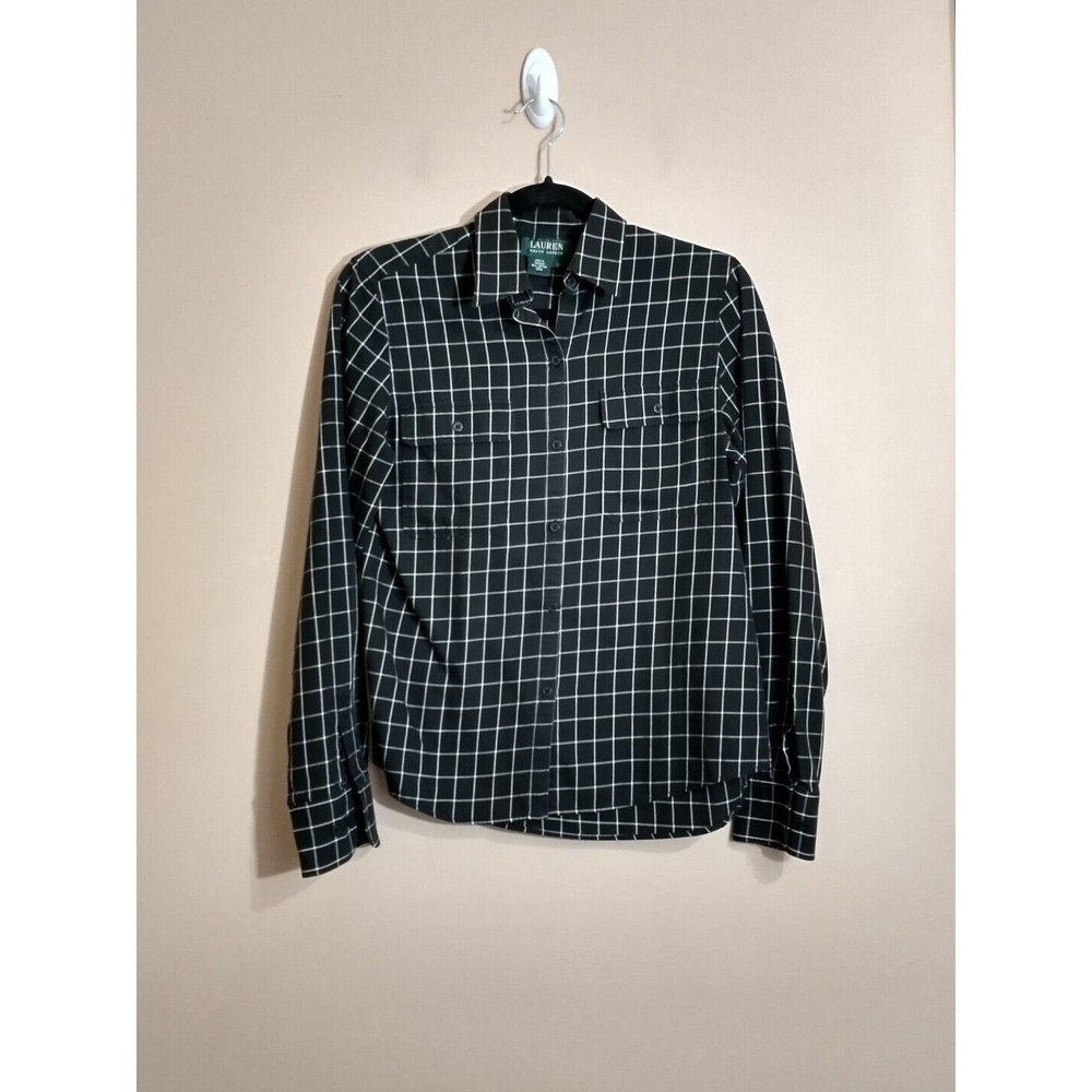 Lauren Ralph Lauren Womens Window Pane Check Button Down Shirt Size Small Black